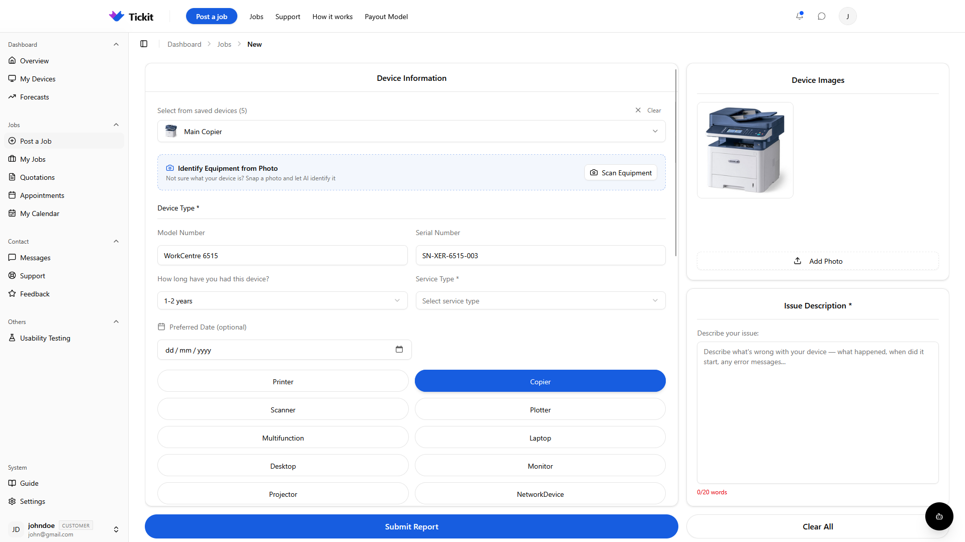 Job creation flow with device identification and issue reporting