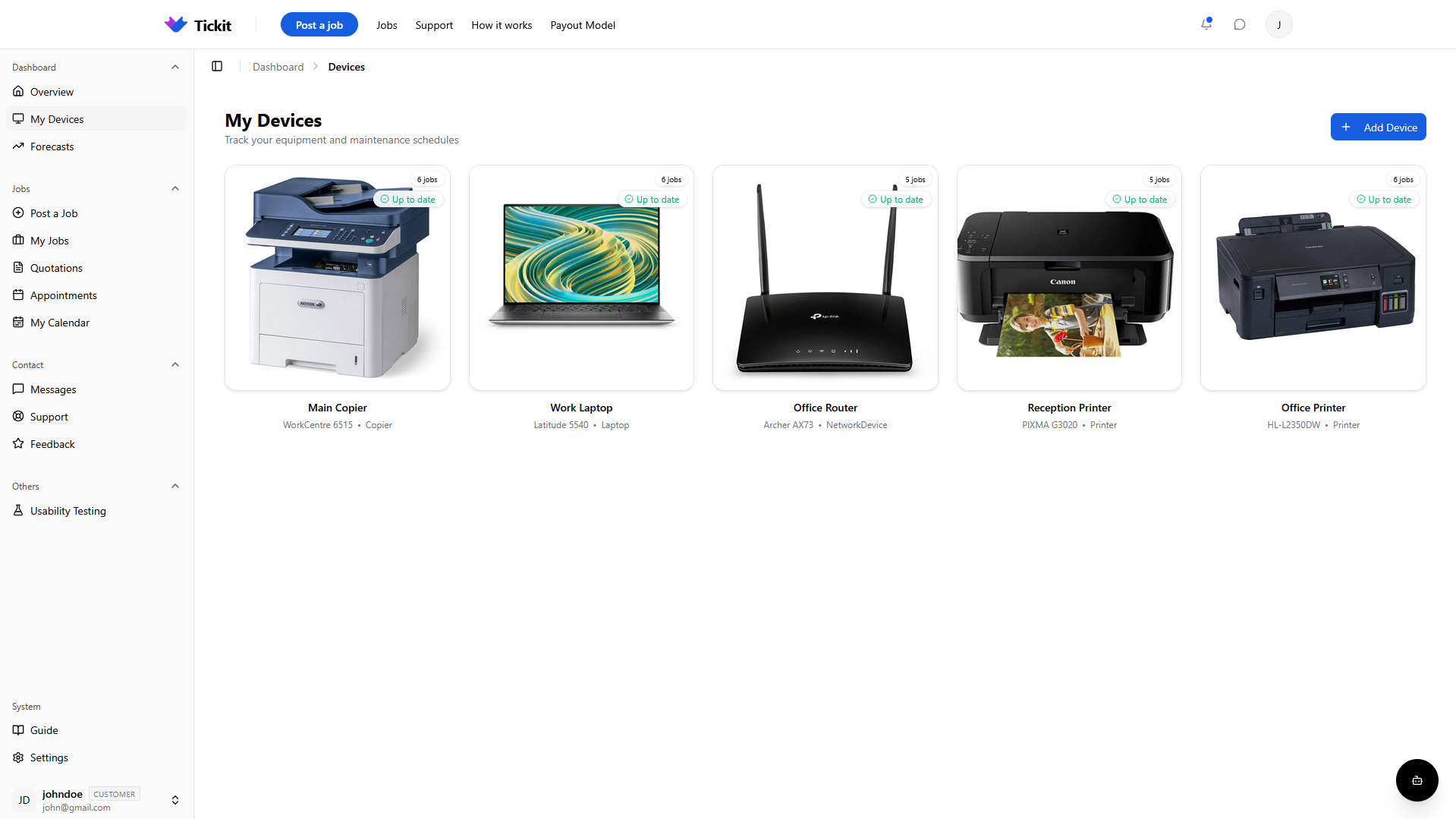 Device management hub with service history and warranty tracking